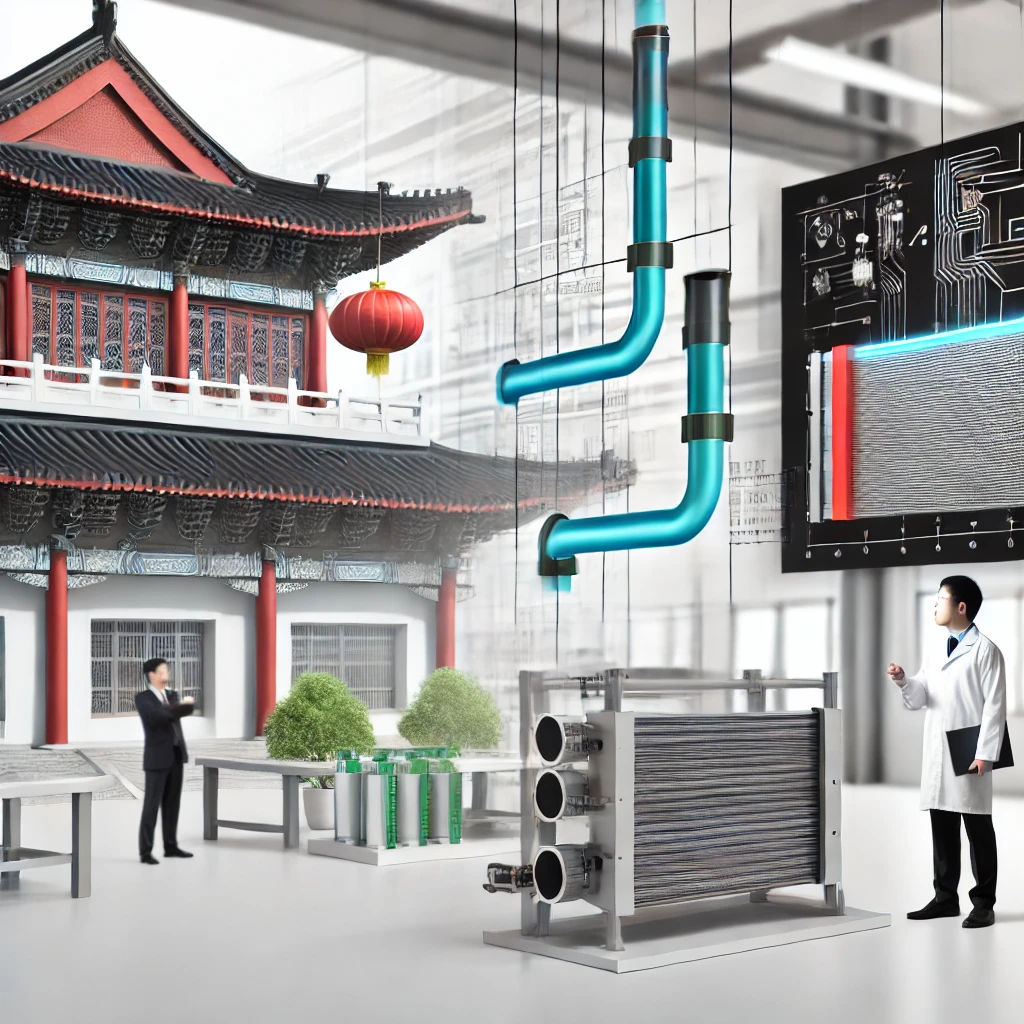 A Chinese-style industrial setting featuring advanced heat pipe technology. The scene includes modern heat pipe systems integrated into various industrial applications such as electronic cooling, energy systems, and aerospace technology. The background shows a clean, well-organized factory environment with Chinese architectural elements, symbolizing technological innovation and industrial excellence. Engineers and workers are seen collaborating and working on the heat pipe systems, emphasizing precision, expertise, and efficiency.