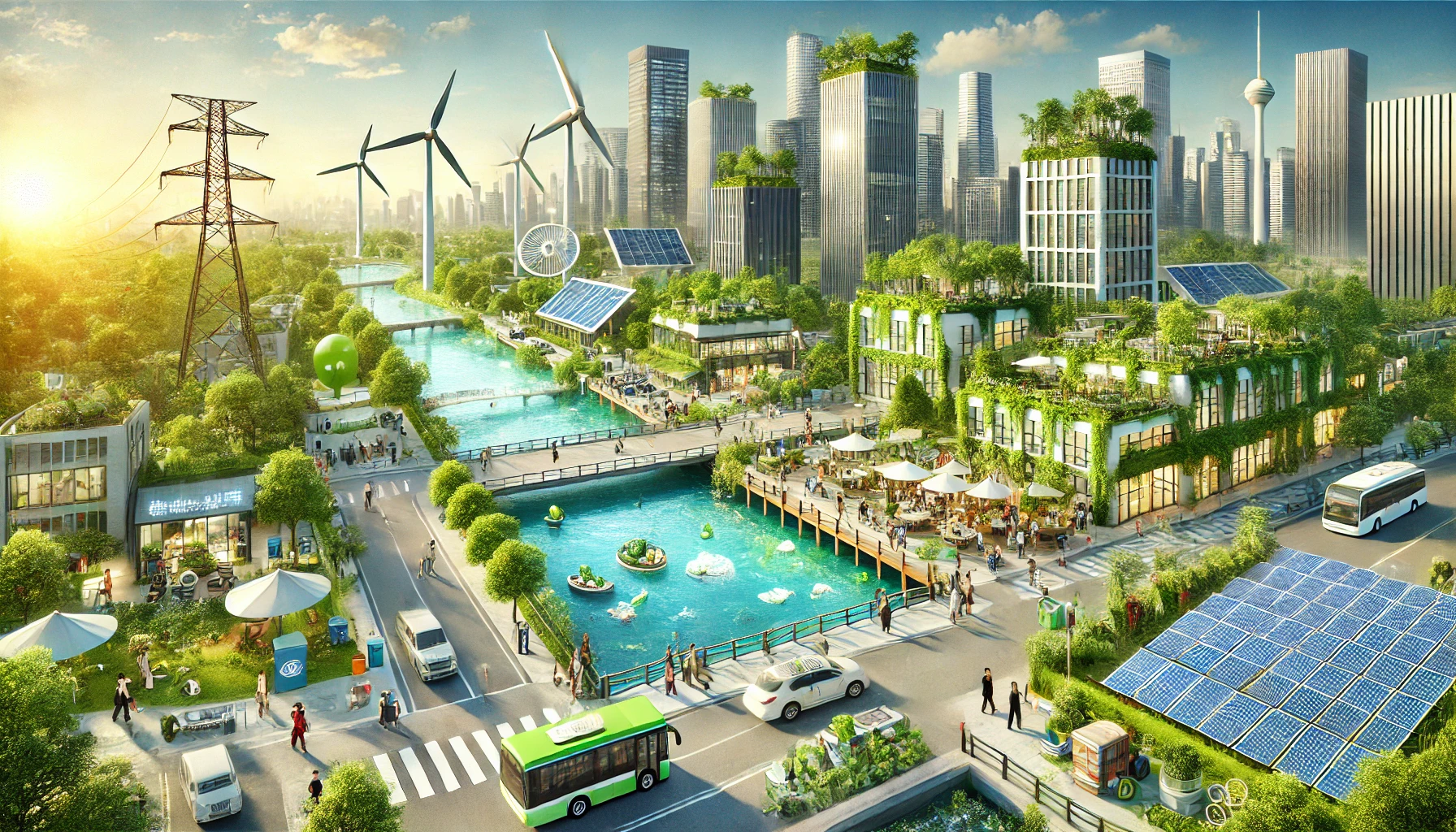 A scene showcasing the development of the environmental protection industry in China. The image features a modern city with clean energy sources such as solar panels and wind turbines, green buildings with rooftop gardens, and a river with clean water. People are seen engaging in activities like recycling, using public transportation, and working on environmental technologies. The atmosphere is vibrant, showcasing a harmonious balance between urban development and nature.